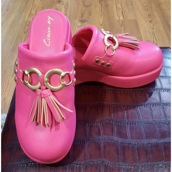 Circus NY Sam Edelman Jinger Clog Mules Flamingo Pink Gold Tassel Platform Sz 8 - Picture 7 of 12